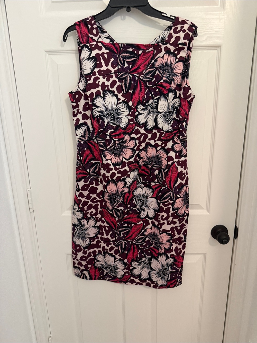 Sleeveless Midi Sheath Dress in Burgundy and Pink Floral